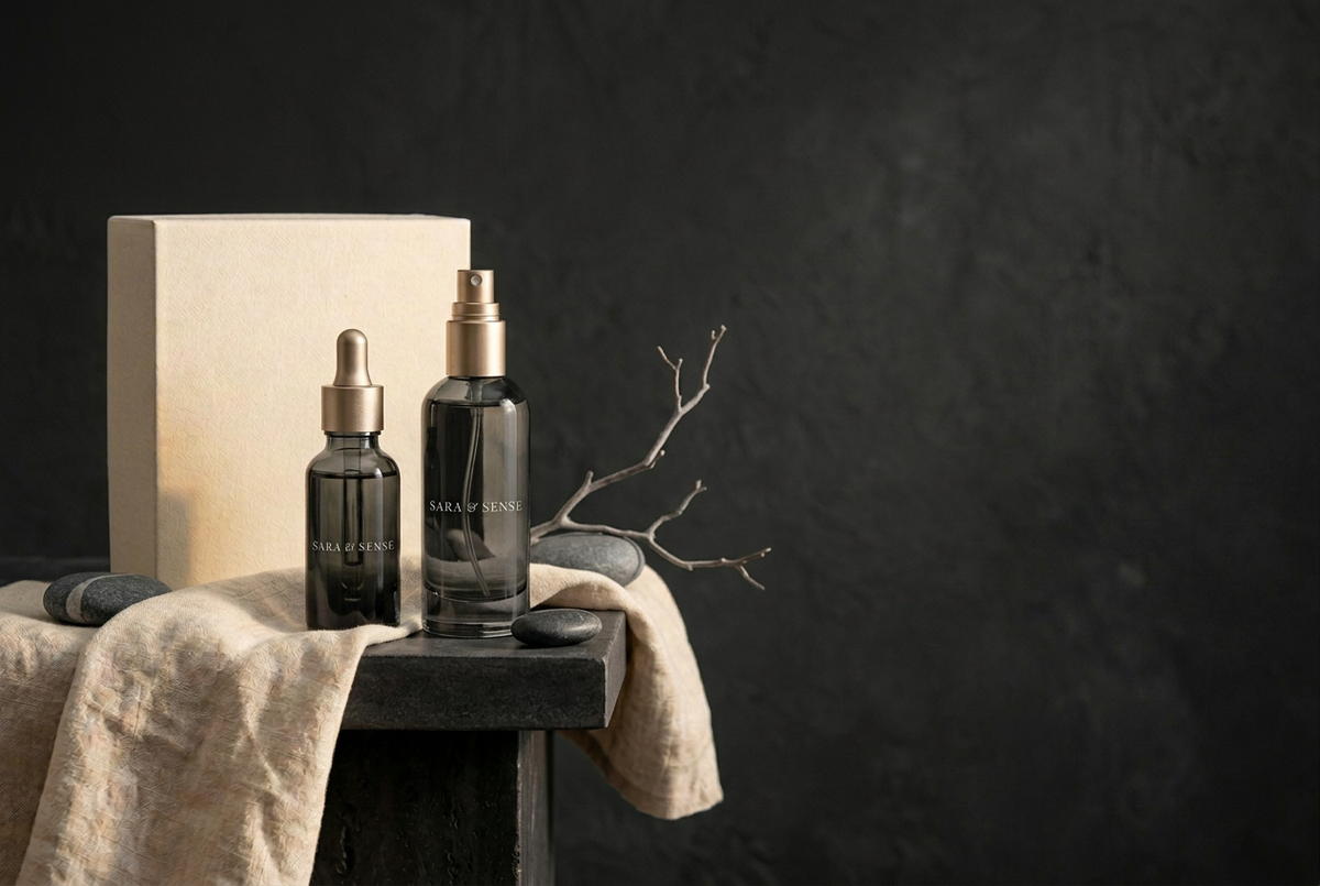 Luxury Sara & Sense charcoal-glass bottle hero